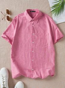 Manfinity Homme Men's Woven Solid Color Short Sleeve Regular Fit Casual Shirt, Suitable For Spring And Summer, Daily Wear - Pink - View 4