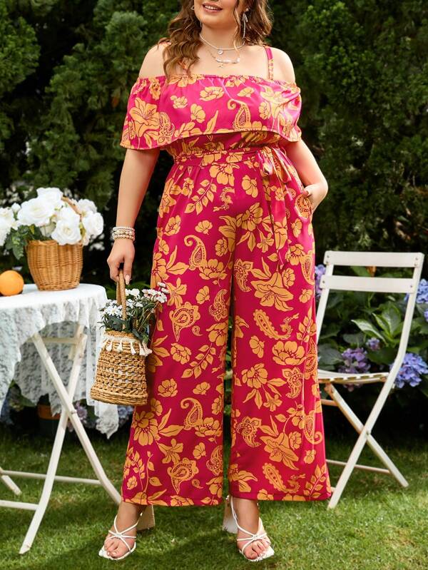 Dreamara Vacation Casual Tropical Floral Print Plus Size Jumpsuit With Cold Shoulder, Cinching Waist And Spaghetti Straps