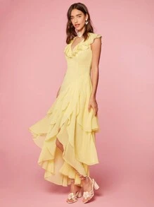 Enchnt Váy nghỉ lễ đơn giản cổ chữ V màu trơn dành cho nữ - Màu vàng - Xem 6