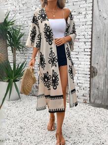 SHEIN LUNE Damska koszulka z ochroną przeciwsłoneczną i nadrukiem na letnie wakacje na plaży, długa czarna z szalowymi rękawami - Morela - Zobacz 3