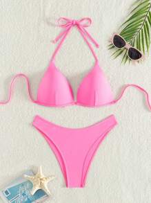 Swim Basics Bãi biển mùa hè dành cho nữ Dây buộc cổ màu trơn Bộ bikini gợi cảm tách biệt, đệm lót, chống đẩy - Hồng - Xem 1