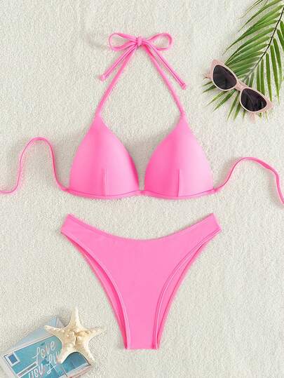 Swim Basics Ladies' Summer Beach Solid Color Halter Neck Tie Sexy Bikini Set Separates, Padded Cups, Push-Up