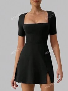 Women's Crop Sleeve Vintage Little Black Dress With Split Hem, Square Neck And Slenderizing Cutting