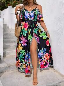 SHEIN VCAY Plus Size Kỳ nghỉ Spaghetti dây đeo lệch vai Áo dài in hình - Nhiều màu - Xem 1