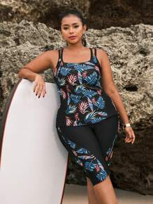 Swim SPRTY Plus Size Summer Tropical Print Patchwork Tankini Set For Beach - Black - View 5
