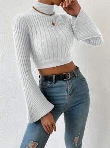 EURMUSE Casual Solid Color Stand Collar Flare Sleeve Cropped Sweater, Autumn/Winter - White - View 5