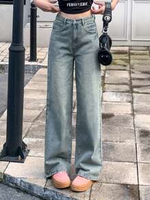 DAZY Pantalones de mezclilla rectos para mujer con bolsillos, jeans casuales - Azul - Ver 6