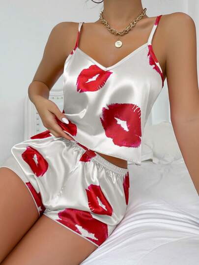 SHEIN Casual Underwear&Sleepwear Silk Imitation Lip Printed Camisole And Shorts Pajama Set White Set