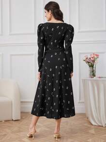 Modelyn Ladies' Floral Printed Long Sleeve Square Neck Modest Dress - Black - View 2
