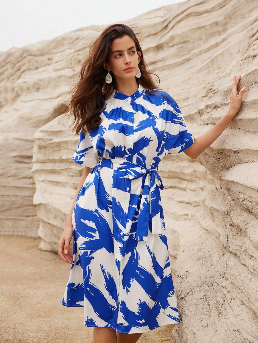 Aveloria Splatter Paint Brushstroke Print Belted Stand Collar Ruched One-Piece Sleeve Dress - Multicolor - View 1