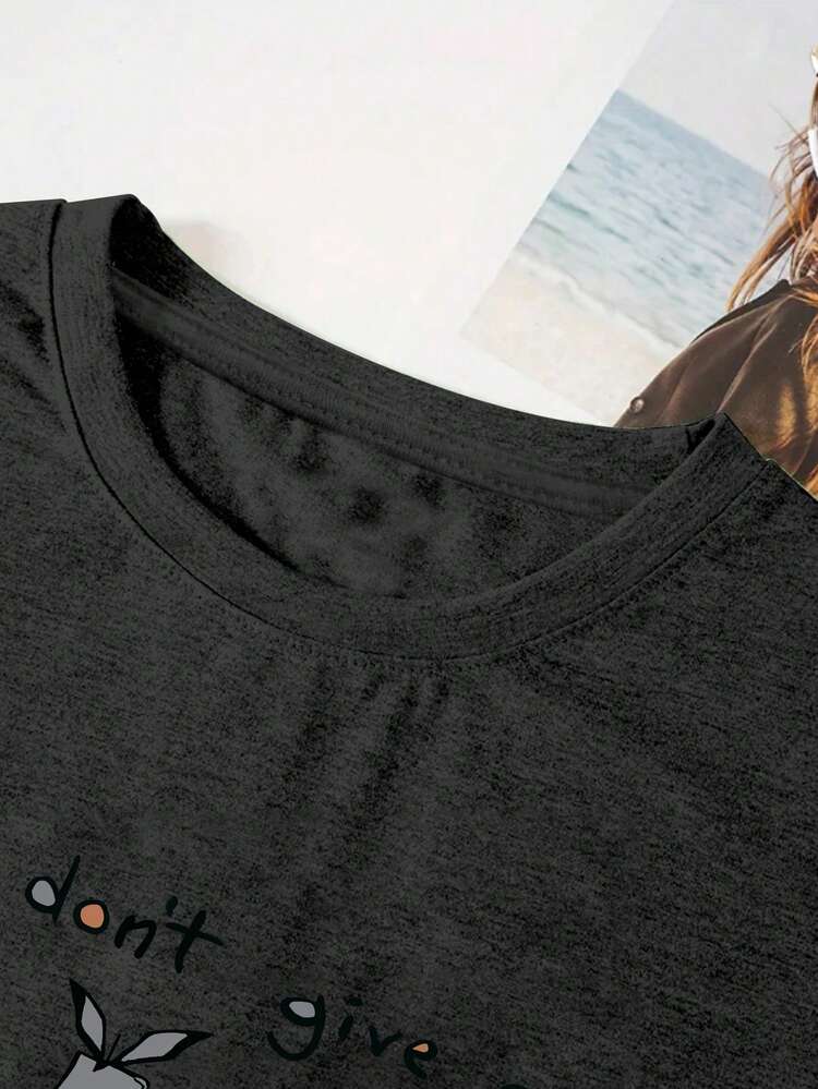 Women's Summer Cartoon Printed Short Sleeve Casual T-Shirt With Slogan, Round Neck