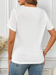 SHEIN Clasi Comfortable Short Sleeve T-Shirt With Hollowed-Out Collar For Summer White Top - White - View 2