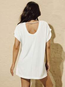 VARSITIE Women's Summer Solid Color Round Neck Batwing Sleeve Casual T-Shirt With Side Split - White - View 2