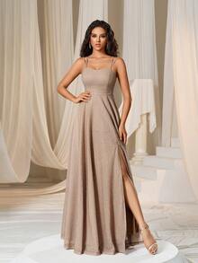 Faeriesty 纯色系带露背吊带伴娘礼服优雅正式晚会舞会婚礼宾客礼服，适合毕业典礼、晚宴派对礼服