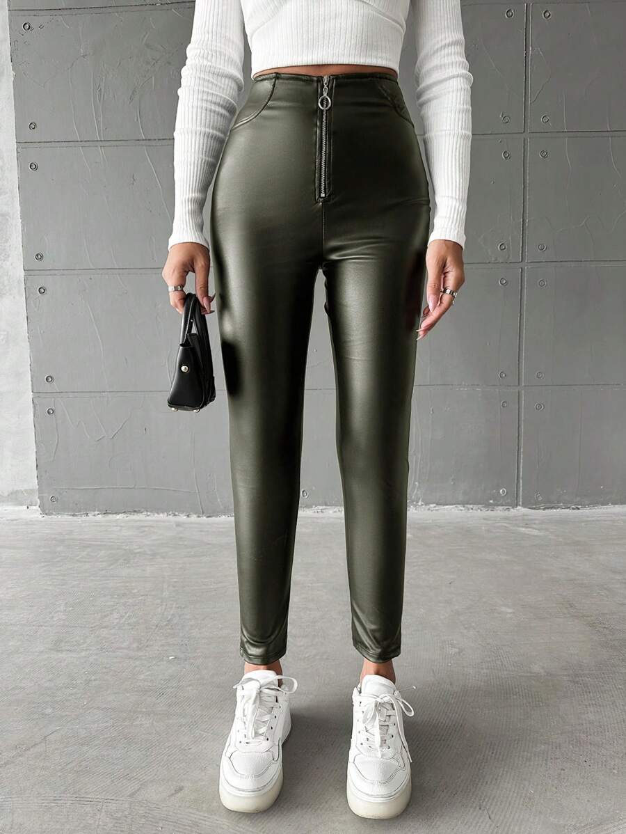 SHEIN Cottnline Women's Zipper Front Skinny Pants - Dark Green - View 1
