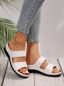 Women's Fashionable White Metal Buckle Decor Wedge Platform Sandals, Hollow-Out Peep Toe Design, Reinforced Stitching, Soft Anti-Slip Soles, Casual Versatile Style