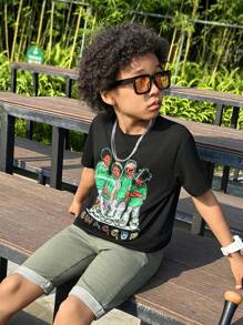SHEIN Conjunto de Camiseta com Estampa de Manga Curta e Shorts Denim para Meninos Pré-adolescentes