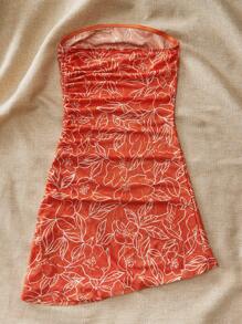 Soleia Women's Summer Holiday Floral Print Slim Fit Side Drawstring Bandeau Dress - Orange - View 2