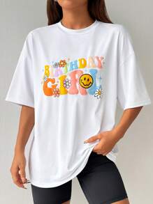 SHEIN EZwear 女士夏季標語卡通印花寬鬆T卹，圓領和垂墜式袖子 - 白色 - 查看 6