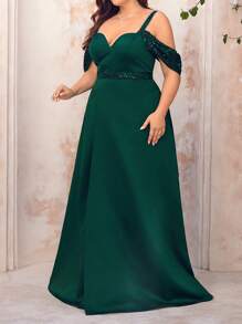 SHEIN Belle Váy chữ A xẻ cao vai khoét sâu đính hạt màu xanh lá cây đậm thanh lịch cỡ lớn cho những dịp trang trọng - Màu xanh lá cây đậm - Xem 5