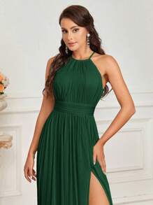 SHEIN Belle Dark Green Spring Elegant Wedding Guest Formal Halter Neck Dress With Ruching,High Thigh Slit,Water-Drop Back&Tie Straps For Bridesmaid Sheer Fabric - Dark Green - View 5