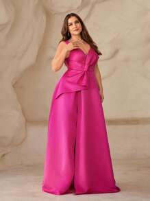 SHEIN Belle Váy dạ hội thanh lịch cỡ lớn màu đỏ sẫm với cổ chữ V sâu, xẻ cao và nơ bất đối xứng cho tiệc tối, tiệc cưới, tốt nghiệp, tiệc tối - Màu Hồng Tươi - Xem 6