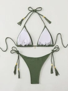 SHEIN Swim Bộ bikini cổ yếm màu trơn, trang phục đi biển mùa hè cho nữ - xanh quân đội - Xem 2