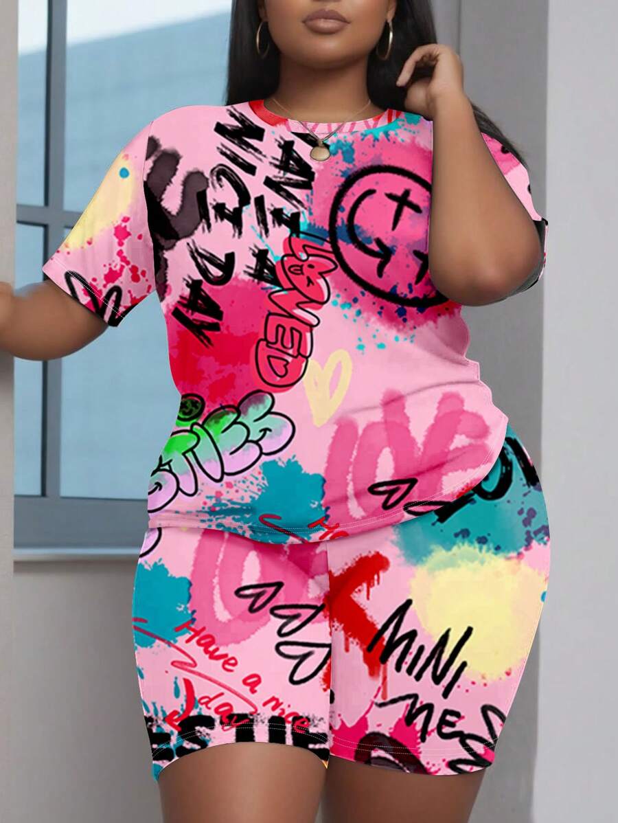 Slaydiva 大尺碼夏季休閒彩墨塗鴉印花短袖T恤和短褲套裝