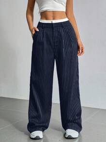 SHEIN EZwear Geplooide, gestreepte damespantalon met wijde pijpen en kleurbloktailleband
