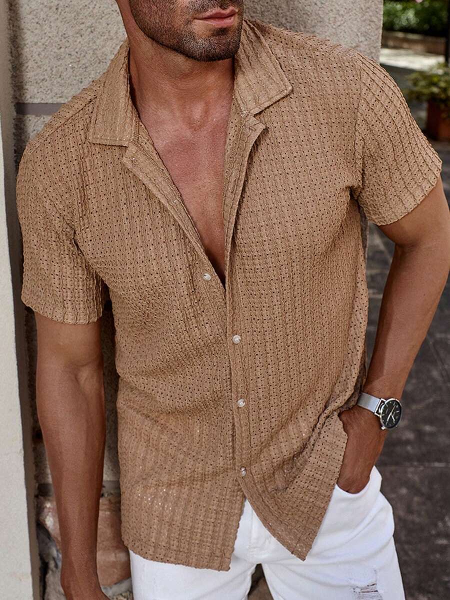 Manfinity Homme Men Simple Solid Color Short-Sleeve Button-Up Shirt (Random Print Cutting) - Khaki - View 1