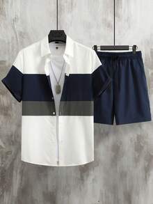 Manfinity Homme Conjunto de camisa de manga corta y pantalones cortos simples para hombre con bloque de color para uso diario - Blanco - Ver 5