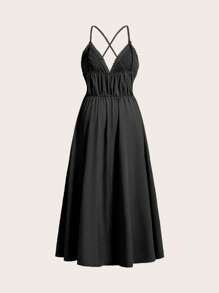 SHEIN LUNE Plus Size Women's Boho Solid Color Simple Daily Cross Strap Dress, For Summer - Black - View 2