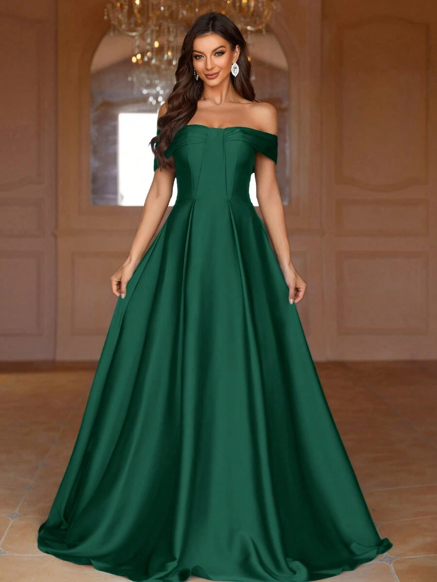 SHEIN Belle 纯色露肩褶饰及地伴娘礼服，优雅正式晚会舞会婚礼宾客礼服，适合毕业典礼、晚宴派对礼服