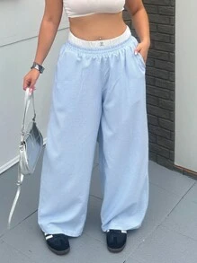 Flirla Plus Size Women's Elastic Waist Blue And White Striped Patchwork Pants - Blue and White - View 2