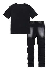 SHEIN 2入組少年熊印花短袖針織T恤和棉牛仔破洞牛仔褲，春夏季套裝