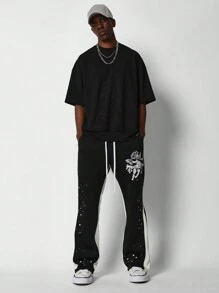 SUMWON Graphic Angel Print Fleece Jogger Pants Relaxed Fit Color Block Side Stripe Athletic Sweatpants With Draw String Fashion Streetwear Fall Winter - Black - View 3