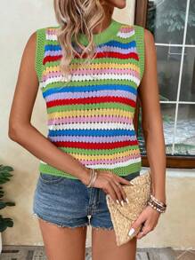 Breezaya Chaleco de suéter casual para mujer con cuello redondo y rayas de colores impresos - verde menta - Ver 6