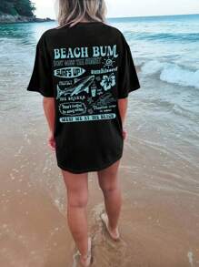 SHEIN Essnce 女士夏季休閒鯊魚印花短袖T恤，帶標語，圓領 - 黑色 - 查看 2