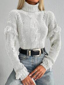 SHEIN Cottnline Turtleneck Drop Shoulder Fringe Trim Cable Knit Jumper - White - View 4