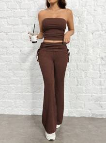 SHEIN EZwear 女性時尚棕色褶皺無肩帶上衣&喇叭褲修身套裝，夏季 - 棕色 - 查看 5