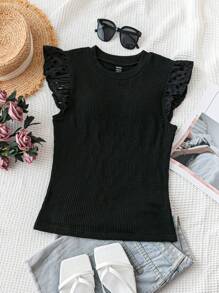 Soleia 女士夏季假日黑色針織紋理編織刺繡上衣，短袖修身版型，圓領 - 黑色 - 查看 1