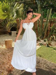 SHEIN SXY Vestidos largos para mujeres, vestido blanco con costura de encaje en el dobladillo para ropa de mujer de vacaciones en la playa - Blanco - Ver 1