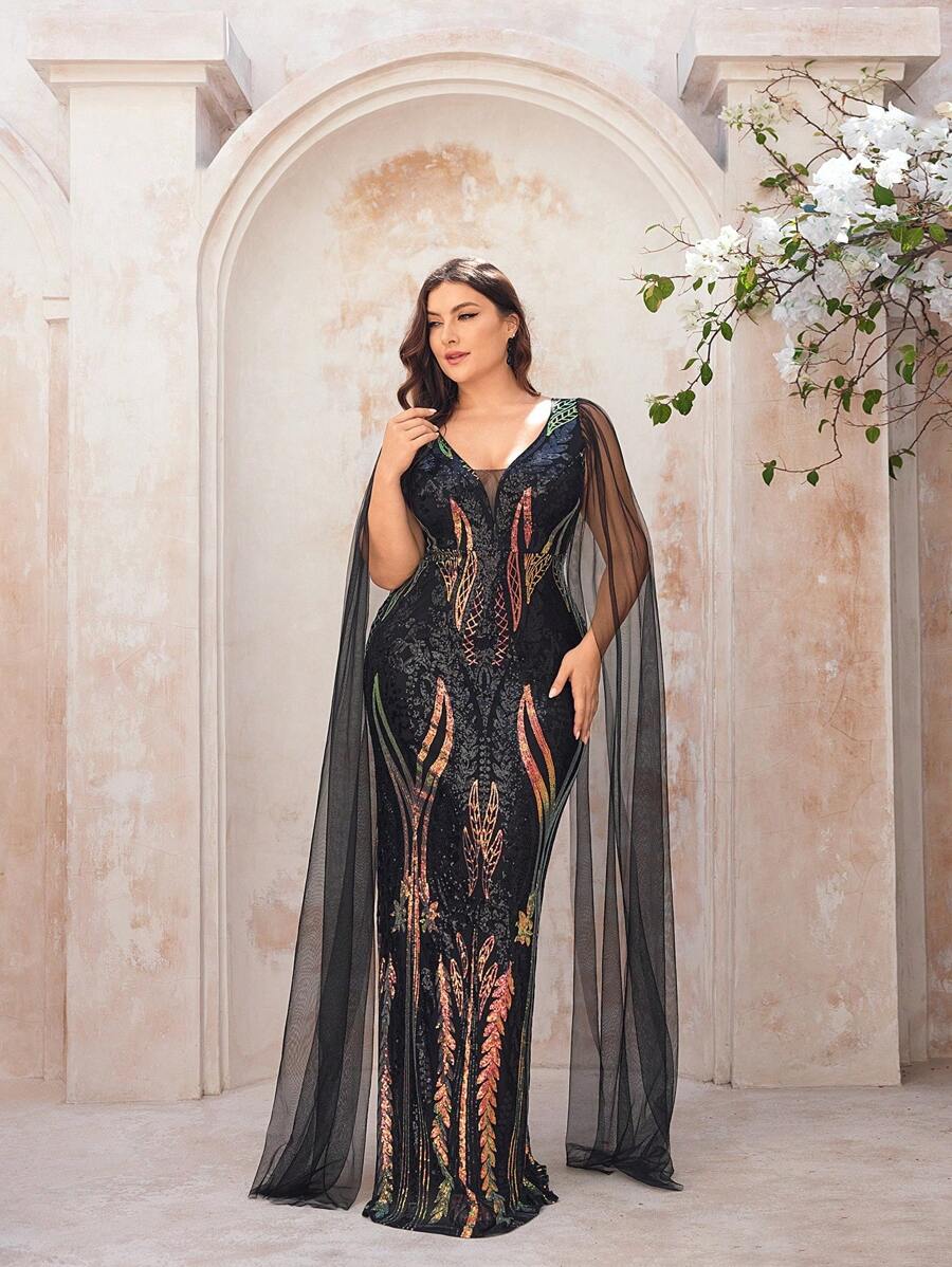 SHEIN Belle Plus Size Black Luxury Positioning Flower Beaded Oversized