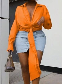 Slaydiva Plus Size Holiday & Elegant Commuting Sexy Plain Orange Deep V-Neck Pleated Belted Shirt, Spring/Summer-E - Orange - View 2