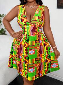 Maweii Plus Size Women's Fashionable V-Neck Geometric Printed A-Line Tank Dress For Summer - Multicolor - View 1