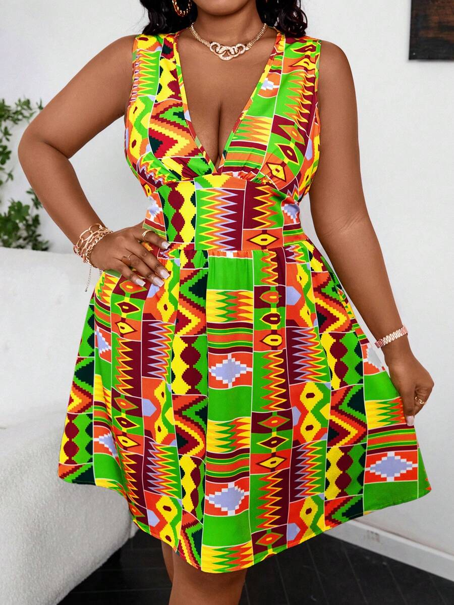Maweii Plus Size Women's Fashionable V-Neck Geometric Printed A-Line Tank Dress For Summer - Multicolor - View 1