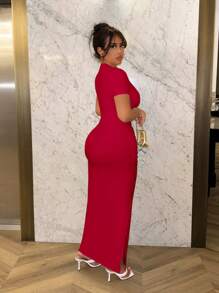 SHEIN SXY 深V領褶皺短袖修身優雅夏季連身裙 - 酒紅色 - 查看 2