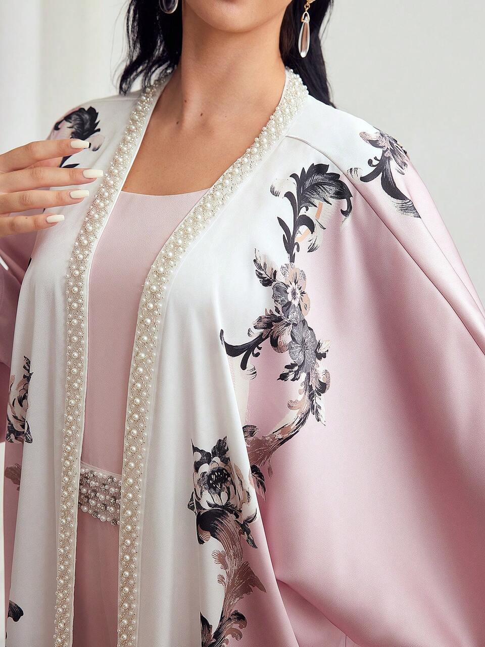 FLORAL PRINT COLORBLOCK BELL SLEEVE COAT & FAUX PEARL WAIST FLARE HEM DRESS