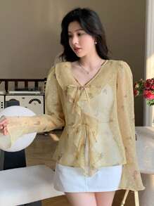 DAZY Áo kiểu nữ tay dài dáng rộng cổ chữ V in hoa, viền bèo nhún, phong cách boho, thích hợp cho kỳ nghỉ. - Màu vàng - Xem 4