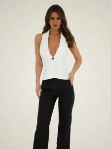 Aloruh Elegante colete blazer sem mangas com decote V profundo e costas abertas, primavera/verão - Branco - Visão 2